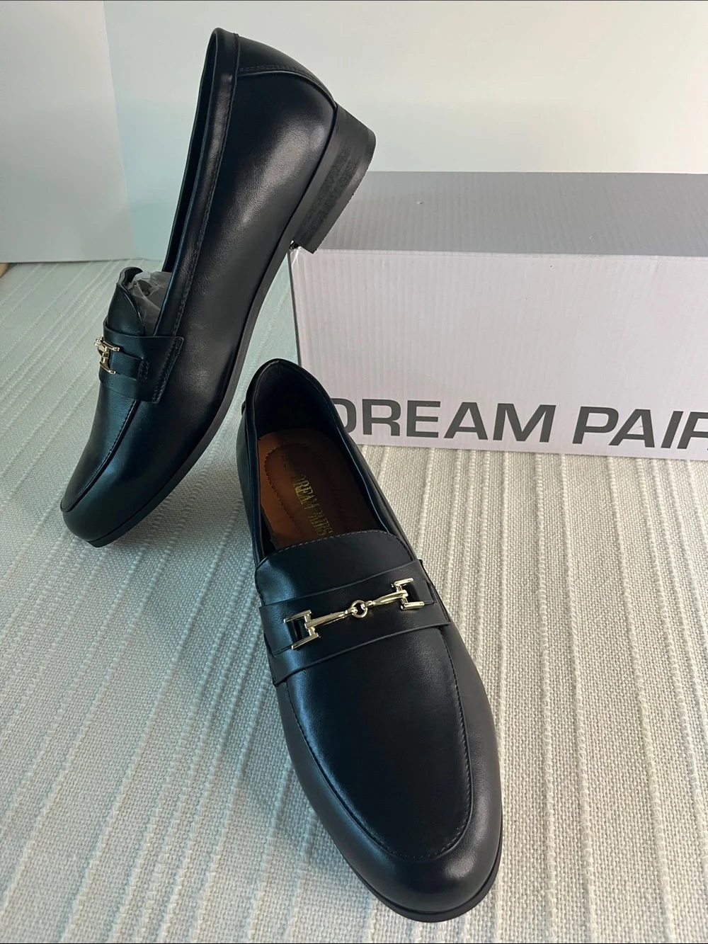 Dream Pairs: women's Black Leather Slip-On Loafers with Gold Bit, never worn NWT